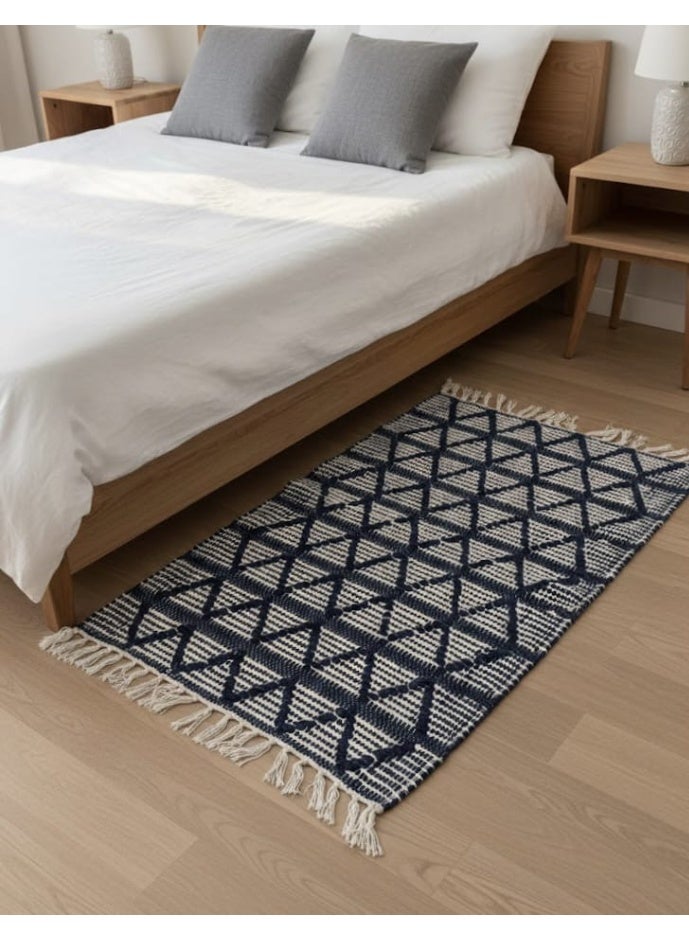 Ambrosia 50 x 80 cm Handloom Cotton Rug Navy Blue Geometric Pattern With Fringes For Entryway Bedside Bohemian Decor Rustic Floor Mat Accent And Throw Blanket - Image 1